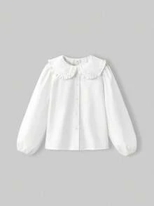 Ontre 青少年女孩彼得潘领花卉图案纯色泡泡袖衬衫 - 白色 - 查看 2