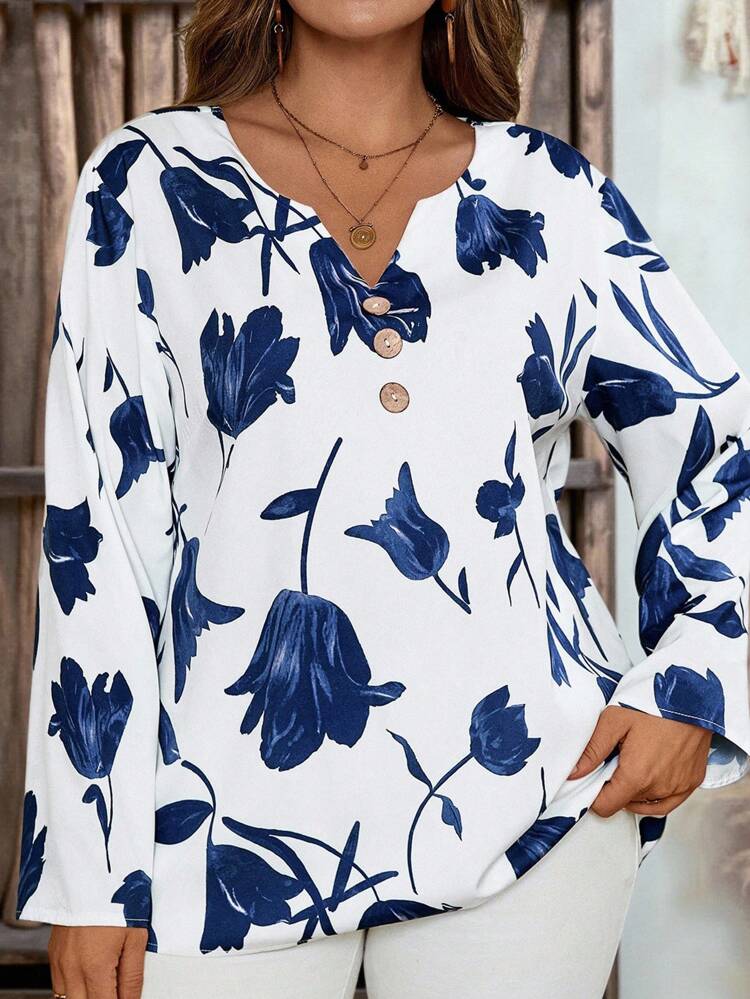 Plus Size Women's Fall Daily Casual Vacation Floral Print V-Neck Button-Down Long Sleeve Blouse Tops, Blue And White Floral Blouse,Autumn, Fall Women Country Concert Boho Winter,Fall,Vintage,Going Out,2025 New