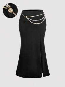 SHEIN MOD Plus Size Women Black Bodycon Midi Skirt With Pearl Waist Belt,Elegant,Autumn Dinner,All-Match Long Skirt For Parties,Old Money Style,Brunch,Goth - Black - View 2
