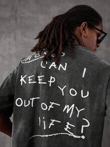 PAVTROS 年轻男士时尚，街头复古 T 恤，针织圆领，宽松剪裁，简约标语印花，做旧水洗风格，展现休闲街头风，适合日常休闲、街头服饰、文化活动、户外运动、校园服饰、节日礼物 - 黑色 - 查看 6