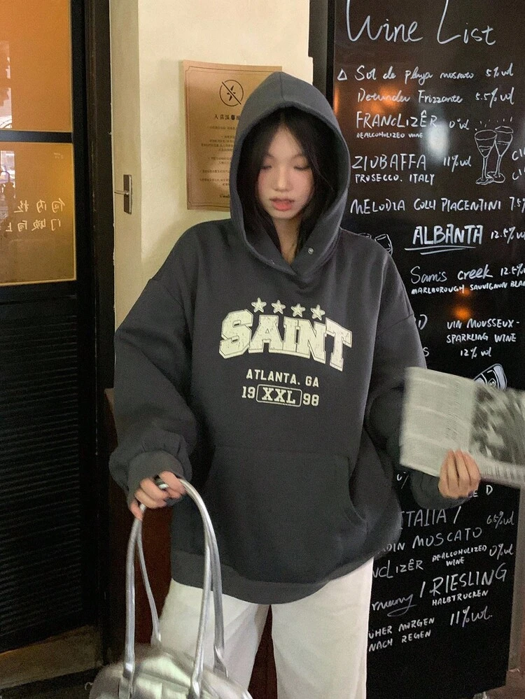 Women's Hooded English Text Casual Street Style Long Sleeve Sweatshirt