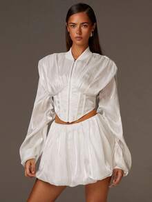 Athîral Women's Autumn White Waist Zipper Elegant Pleated Fishbone Patchwork Lantern Sleeve Jacket - White - View 2