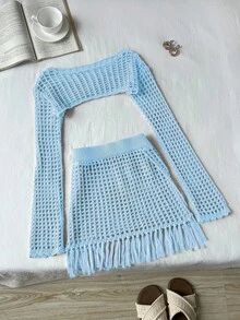 Elamini Women's Vacation Long Sleeve Top And Fringed Hem Knit Skirt 2 Pieces Set - Baby Blue - View 1