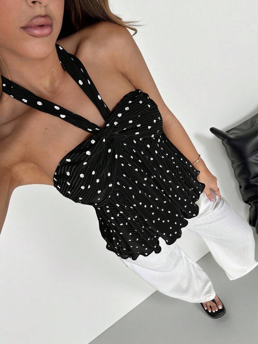 SHEIN EZwear Black Woven Polka Dot Pleated Halter Neck Top - Black - View 1