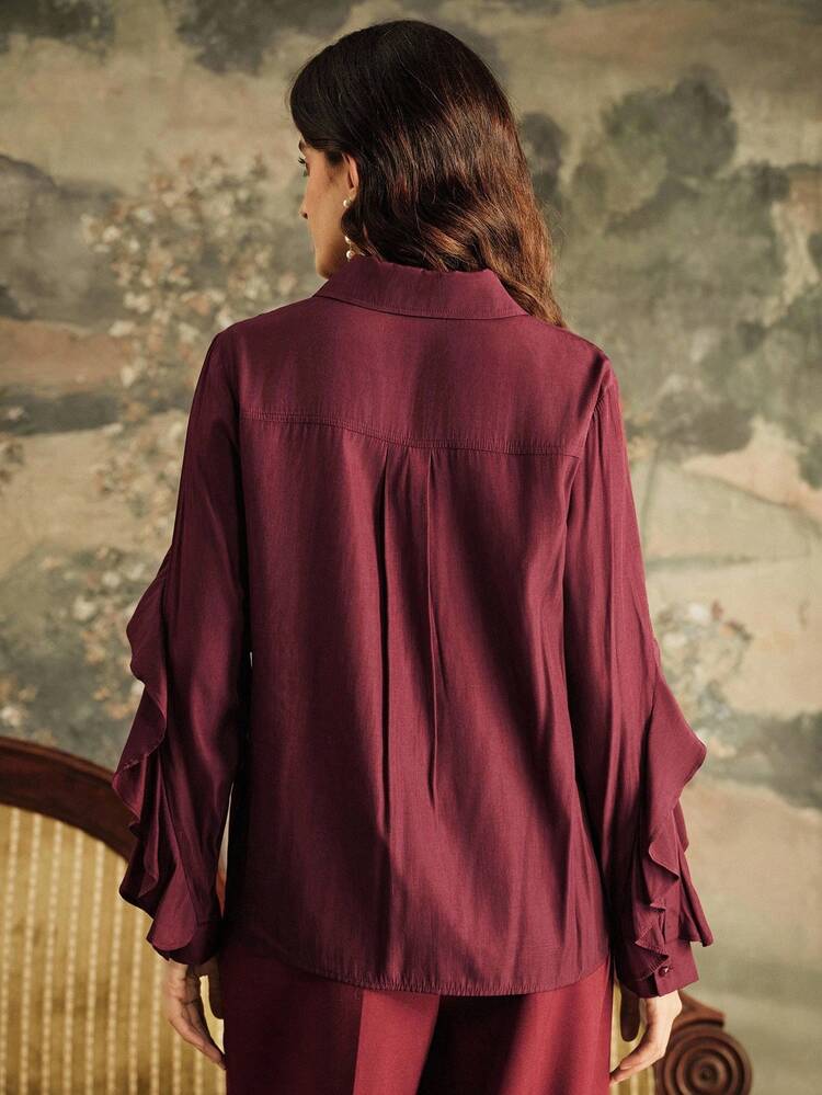 Camisa Formal de Escritório de Natal Elegante de Manga Longa com Decote Redondo e Recortes de Renda em Cor Sólida para Mulheres