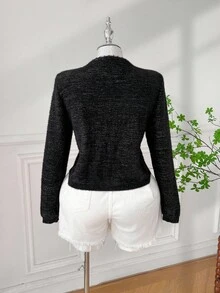 SHEIN EZwear 大码优雅通勤开衫，带丝带装饰 - 黑色 - 查看 2