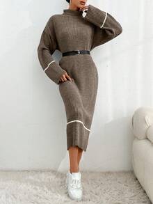 EURMUSE Women's Turtleneck Ribbed Contrast Color Long Sleeve Dress,Winter Dresses - Chocolate Brown - View 6