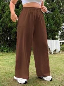 SHEIN EZwear 大码棕色休闲裤，简约日常穿着 - 棕色 - 查看 3