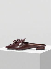 MOTF VINTAGE TASSEL SLIP-ON COMFORTABLE CASUAL OIL WAX LEATHER TEXTURE SQUARE TOE FLAT MULES - Coffee Brown - View 3
