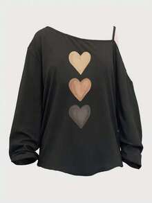 SHEIN LUNE 大码女式心形图案休闲无袖长袖T恤，夏季