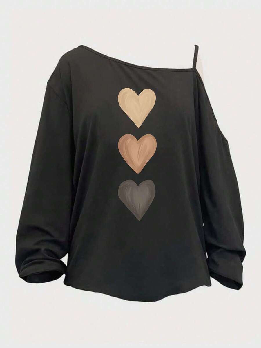 SHEIN LUNE 大码女式心形图案休闲无袖长袖T恤，夏季