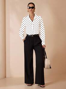 Glamance Anis Illustration Women's Polka Dot Print Long Sleeve Shirt, Office Wear Top For Commuting, Autumn Polka Dot Shirt Polka Dot Top Business Casual Top For Women Women Elegant Shirt