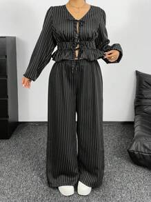 Flirla Plus Size Vacation Casual Versatile Tie-Front V-Neck Short Sleeve Crop Top + Matching Striped Pants 2 Pieces Set Fall Cloth For Women