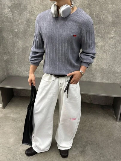 SWAVVY 男士动物刺绣圆领休闲毛衣，秋季