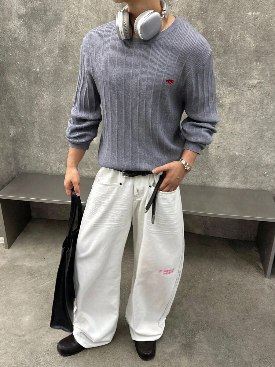 SWAVVY 男士动物刺绣圆领休闲毛衣，秋季 - 淺灰色 - 查看 1