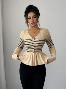 Elenzga Damen Neuer Herbst/Winter Einzelteil Figurbetonter kurzer V-Ausschnitt Langarm Klassischer gestreifter Rüschensaum Eleganter Lady Stil Alltagstauglicher vielseitiger Strickpullover