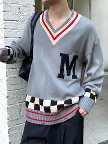Claim Dot Men's V-Neck Letter & Checkered Pattern Long Sleeve Pullover Sweater Checkerboard Sweater V-Neck Sweater