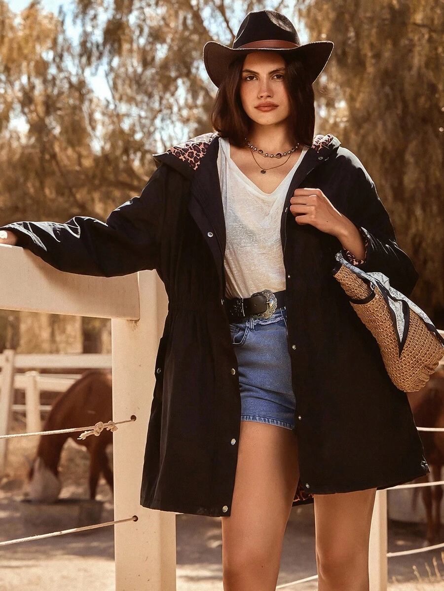 SHEIN VCAY 大码女式休闲时尚街头豹纹拼接拉链连帽抽绳长款外套，秋冬圣诞节西部风节日仙气乡村办公室波西米亚另类工作婚礼宾客商务休闲女式外套