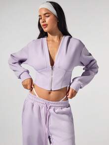 Fluxe Casual Solid Color Knit Cropped Long Sleeve Fitted Hooded Women Sweatshirt Jacket In Fall/Winter - Mauve Purple - View 4