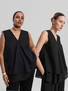 Maija 大码女式纯色V领双下摆宽松无袖休闲衬衫