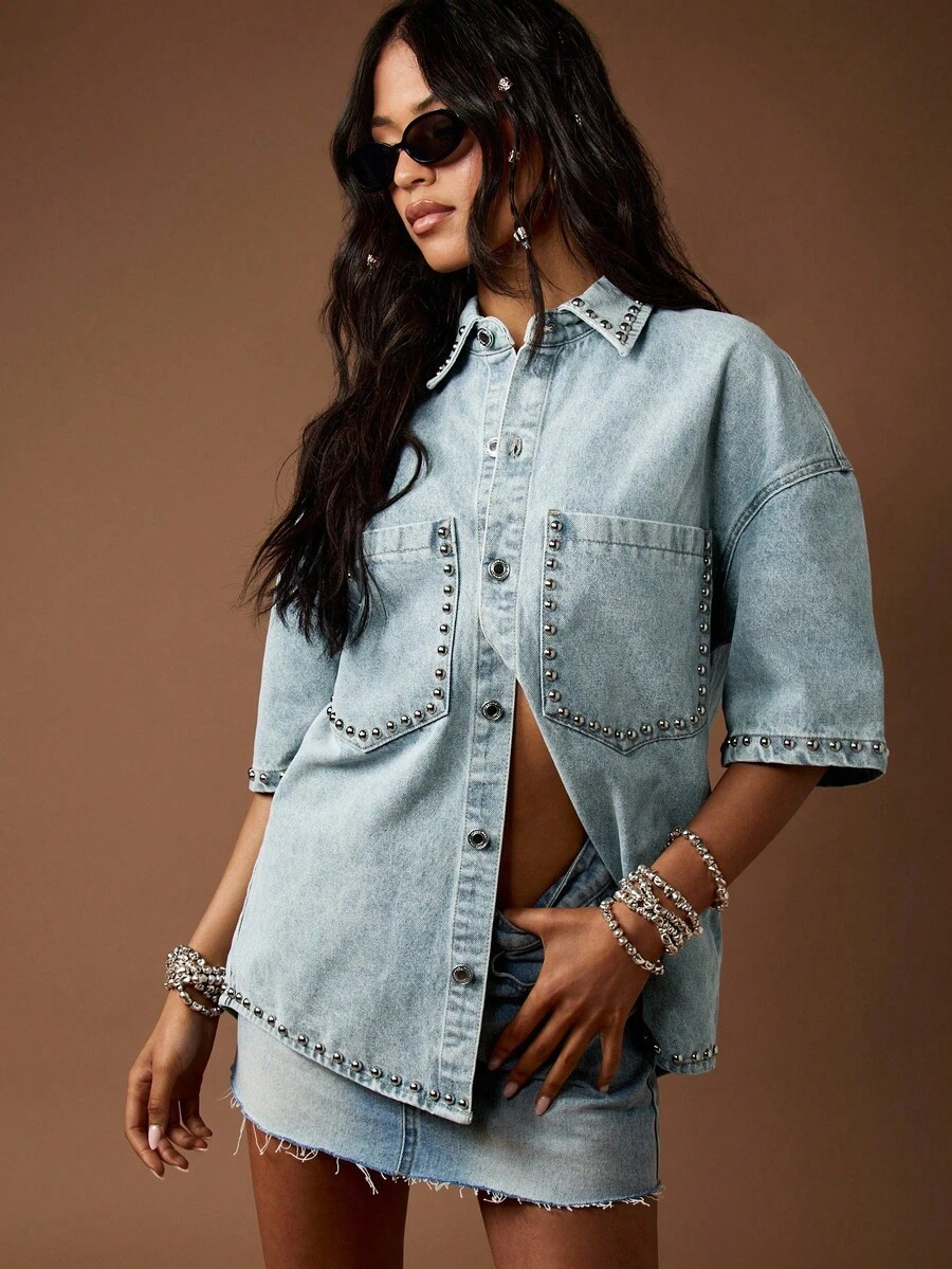 MISSGUIDED 大尺寸鉚釘牛仔鈕扣襯衫 西式風格 酷帥領口鉚釘襯衫 珍珠裝飾 寬鬆版型 休閒個性鈕扣上衣 - 藍色 - 查看 1