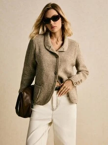Poéselle Áo khoác cardigan nữ màu trơn hở phía trước có túi - Màu Khaki - Xem 7