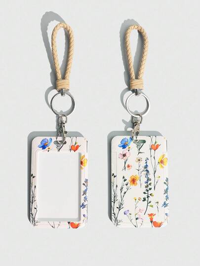 Fairycore 1pc Back To School Cute Sliding Card Holder, Watercolor Floral Pattern ID Card/Pass Case