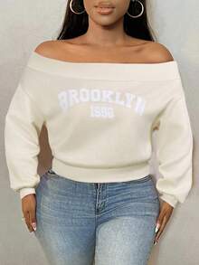 SHEIN SXY Áo nỉ lửng hở vai in chữ dành cho nữ mùa thu/đông - Màu be - Xem 6