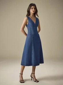 Selenza 女式休闲V领无袖牛仔收腰连衣裙，夏季 - 藍色 - 查看 6