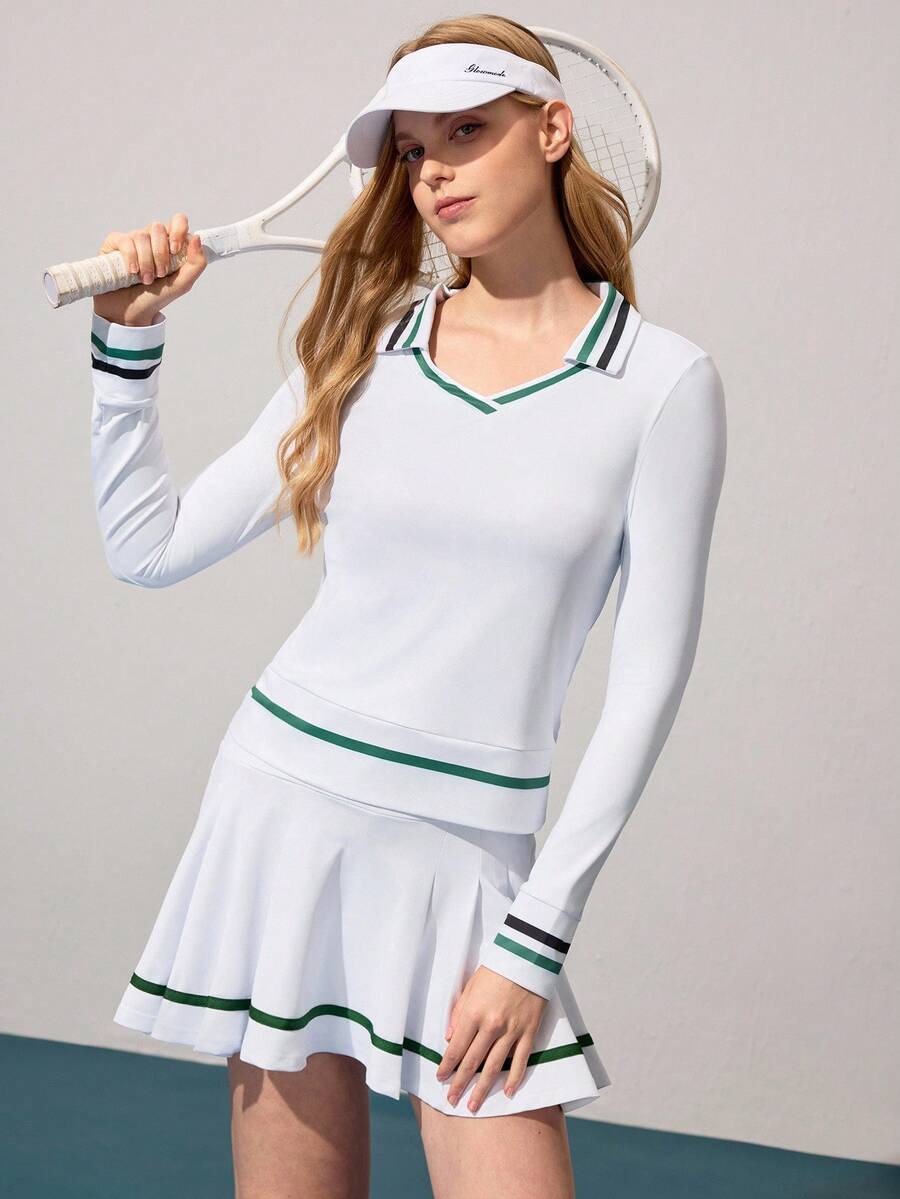 Gameset SHEIN Sport Sweatshirt Pullover Lengan Panjang Kasual dengan Motif Garis Kontras - Putih - View 1