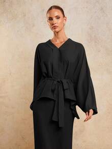 COSMINA Set elegant de două piese lungi cu curea pentru femei, început de toamnă - Negru - Vizualizare 5