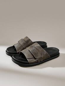 Solecia 2025 New Summer Outdoor Leather Flat Men's Sandals, Strap Design With Hook And Loop Closure