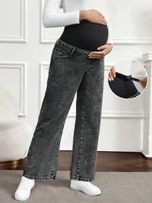 SHEIN 蝴蝶结刺绣口袋孕妇牛仔裤 - 深灰色 - 查看 1