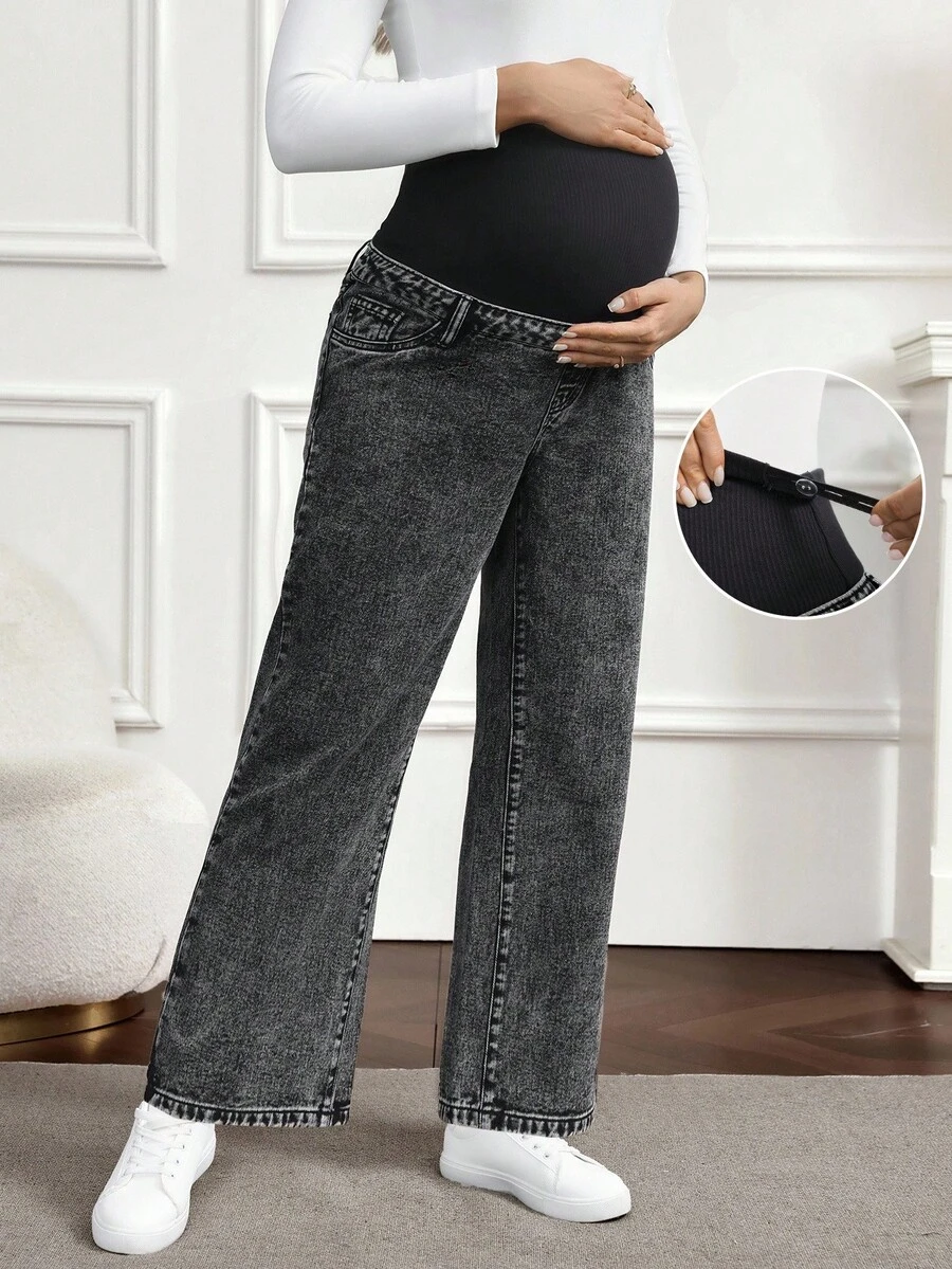 SHEIN 蝴蝶结刺绣口袋孕妇牛仔裤 - 深灰色 - 查看 1