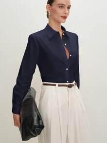 BizChic 2025 Autunno/Inverno Nuova camicia da donna con collo a bavero, spalle scoperte e bottoni davanti, in blu navy. Elegante e moderna, adatta per l'ufficio e il tempo libero, ideale per appuntamenti, feste, matrimoni, compleanni, Ognissanti e Natale.
