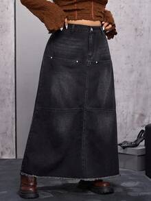 SHEIN EZwear Váy ngắn denim đen không co giãn phong cách đường phố cá tính dành cho nữ cỡ lớn - màu đen - Xem 6