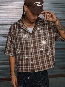 AXEPEAK Áo sơ mi nam tay ngắn cài nút phía trước họa tiết kẻ caro đính đá thường ngày, mùa hè - Cà phê nâu - Xem 5