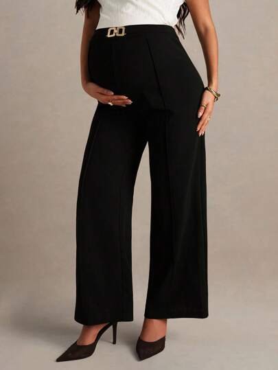 MaterniChic Pantalones anchos elegantes con decoración de anillo de metal de unicolor para mujeres embarazadas