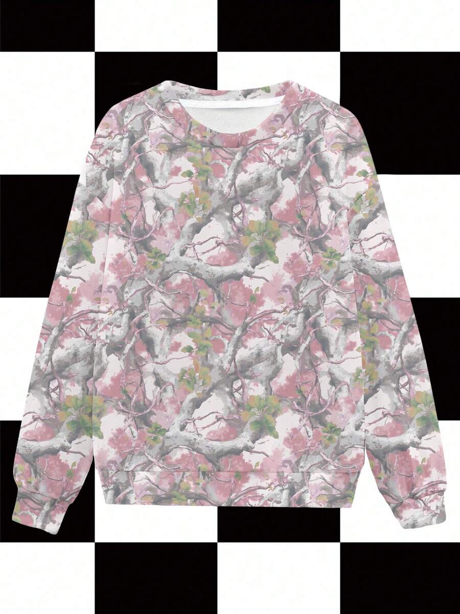 BiGraphic Sudadera de cuello redondo con estampado de ramas de árbol y plantas en color rosa, estilo Y2K para otoño/invierno