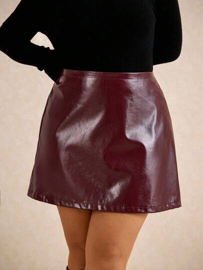 Elaquor Falda de piel sintética con cintura elástica de talla grande, informal para otoño