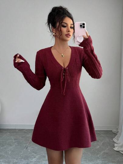 Elenzga Vestido de punto de unicolor con diseño cruzado para otoño para mujer