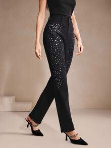 Anewsta Women's Rhinestone Embellished Elegant Black Skinny Jeans, Suitable For Valentine's Day Party - Blue - View 5