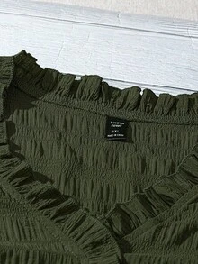 Linhara 大码女式纯色纹理V领荷叶边泡泡袖修身休闲常规衬衫 - 軍綠色 - 查看 6