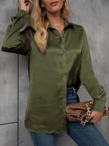 SHEIN 女式休闲纯色前扣长袖衬衫，秋季 - 軍綠色 - 查看 5