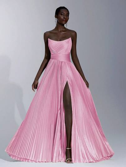 Elitara Elegant Pink Glitter Satin Strapless Pleated Minimalist Asymmetric Waistline Oversized A-Line Skirt With Side High Slit And Adjustable Tie Back, Suitable For Dates, Vacations, Singles Parties, Weddings, Graduations, Proms, Formal Galas