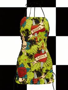 Shutterstock Y2Kool Tie-Dye, Neon Green, Ombre, Skull, Heart, Rose, Old School Print, Halloween, Lace-Up, Dark, Streetwear, Y2K, Baddie, Casual Women's Bodycon Mini Dress, Suitable For Summer, Autumn, Vacation, Gathering, Party, Daily Wear Skull Dress Graphic Dress Punk Dress Y2k Dress Sexy Dress - Multicolor - View 1
