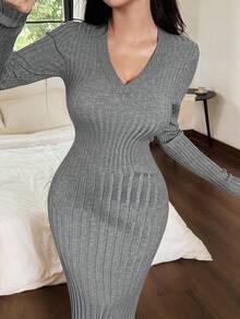 DAZY 简约罗纹针织修身V领女士家居服连衣裙，秋季睡衣