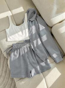 Resyla Women's Striped Shirt, Solid Color Shorts, And Tank Top 3-Piece Set