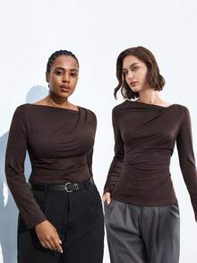 Maija Camiseta de manga larga de base de color café con cuello asimétrico para mujer de talla grande, blusa de punto para otoño, fiesta de Navidad, Acción de Gracias