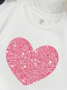 Young Girl Casual Cartoon Pattern Long Sleeve Crew Neck Sweatshirt, Suitable For Autumn/Winter, Heart Print, Suitable For Social & Leisure Fall - White - View 8